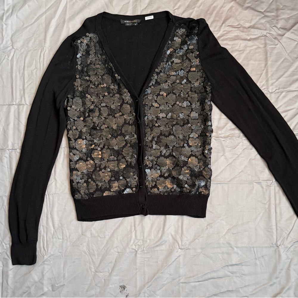 BCBG Max Azria Black Sequin V-Neck Cardigan XL